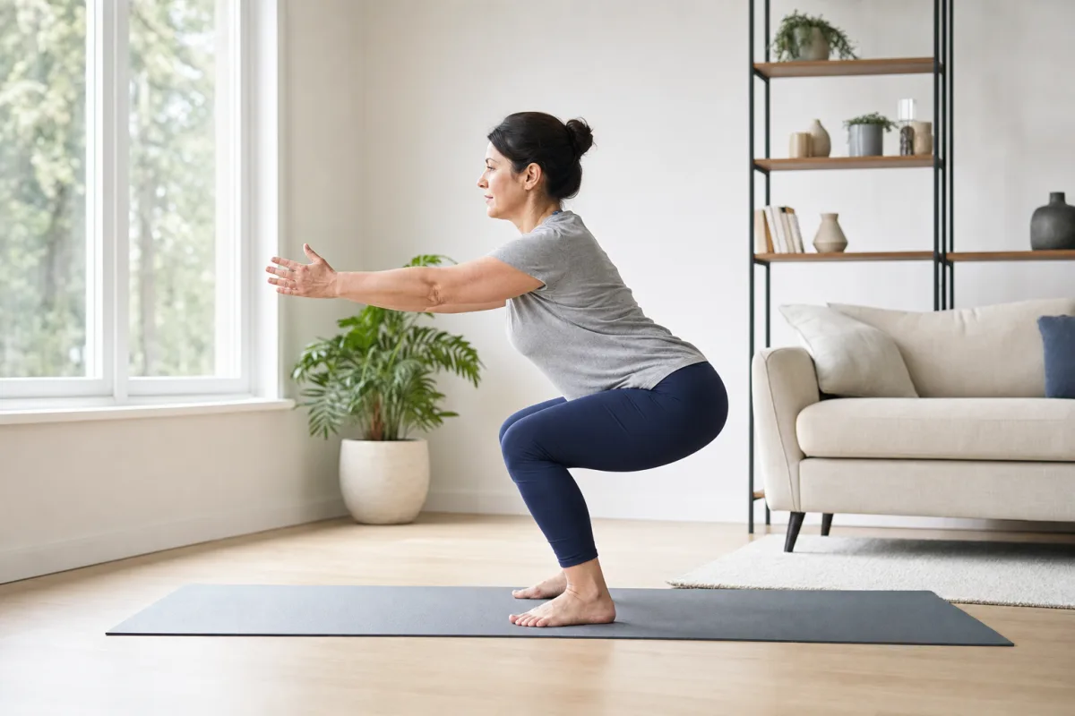 A woman doing a bodyweight squat on a yoga mat in a bright living room with soft daylight coming through a large window