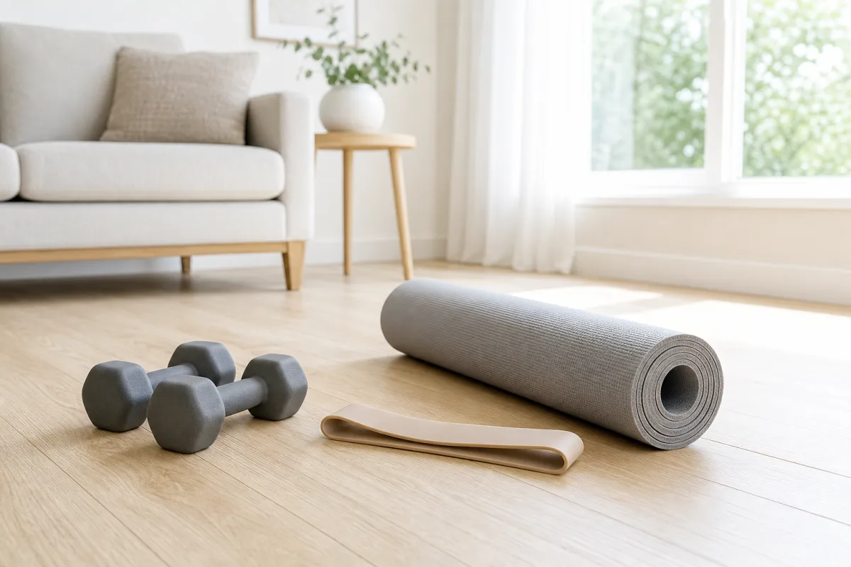 A pair of dumbbells and a resistance band resting on a light wood floor beside a rolled yoga mat in bright natural light