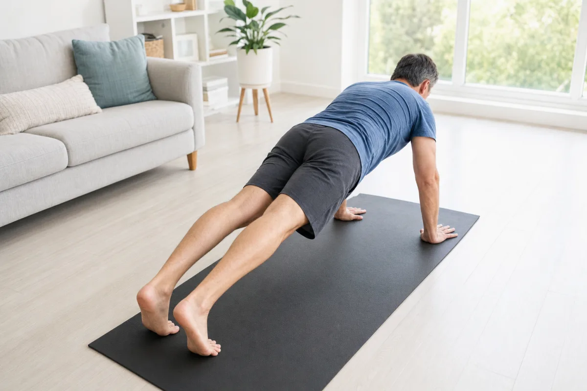 A man performing a push-up on a yoga mat in a bright living room, photographed from behind at an angle