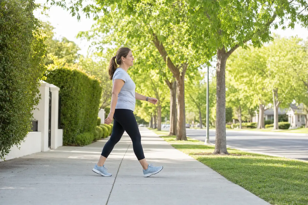 A woman in athletic wear walking briskly along a sunny tree-lined sidewalk, photographed from the side at a distance