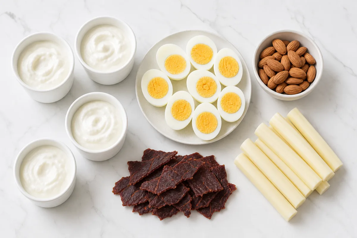 A spread of high-protein snacks on a bright white kitchen counter including Greek yogurt, hard-boiled eggs, almonds, cheese, and jerky