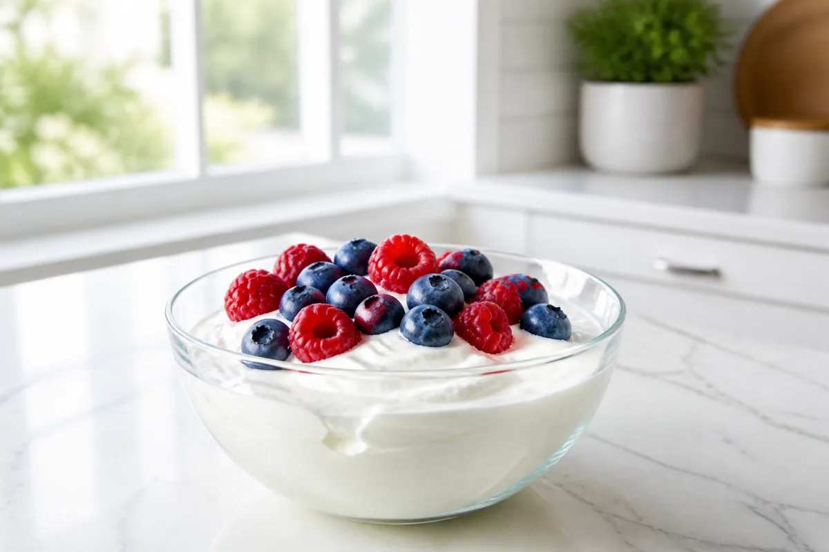 A glass bowl of thick Greek yogurt topped with fresh berries on a bright kitchen counter in soft daylight