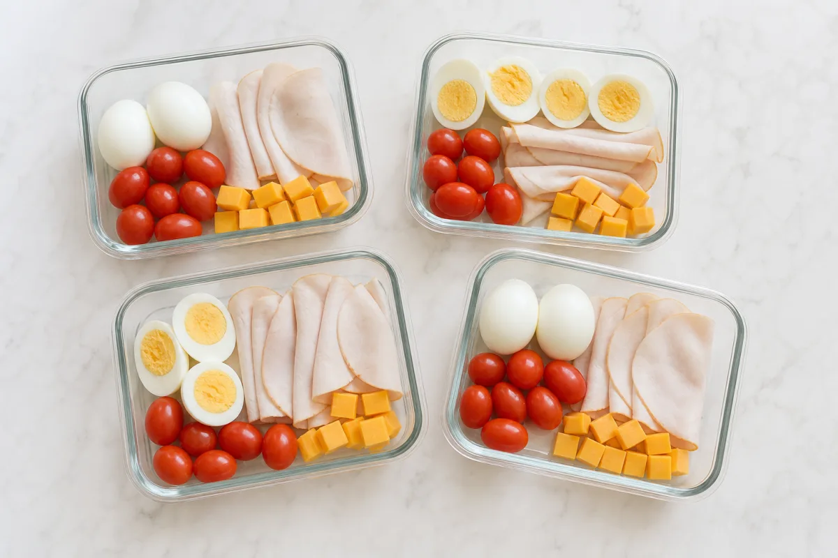 Open glass meal prep containers with hard-boiled eggs, sliced turkey, cheese cubes, and cherry tomatoes on a light counter