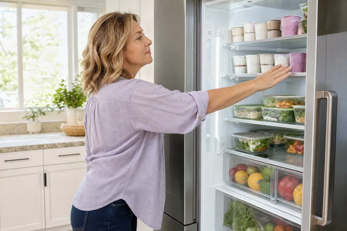 A woman reaching into a bright refrigerator stocked with yogurt cups, eggs, and prepared snack containers, photographed from the side