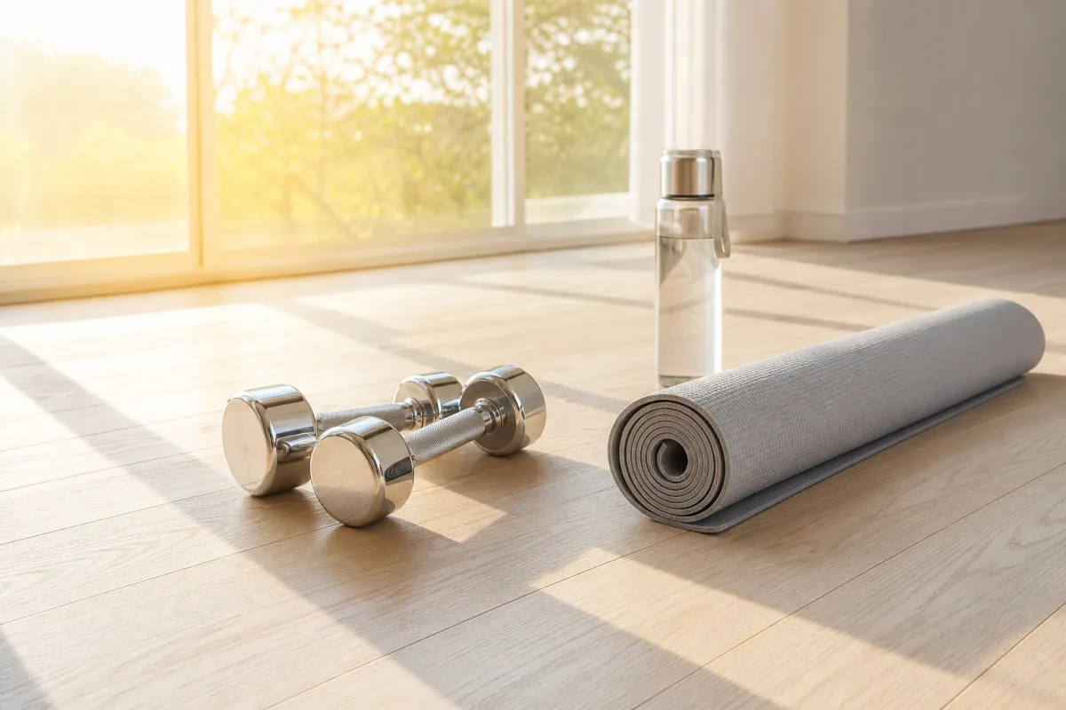 Chrome dumbbells, a rolled exercise mat, and a water bottle on a sunlit wooden floor beside a window