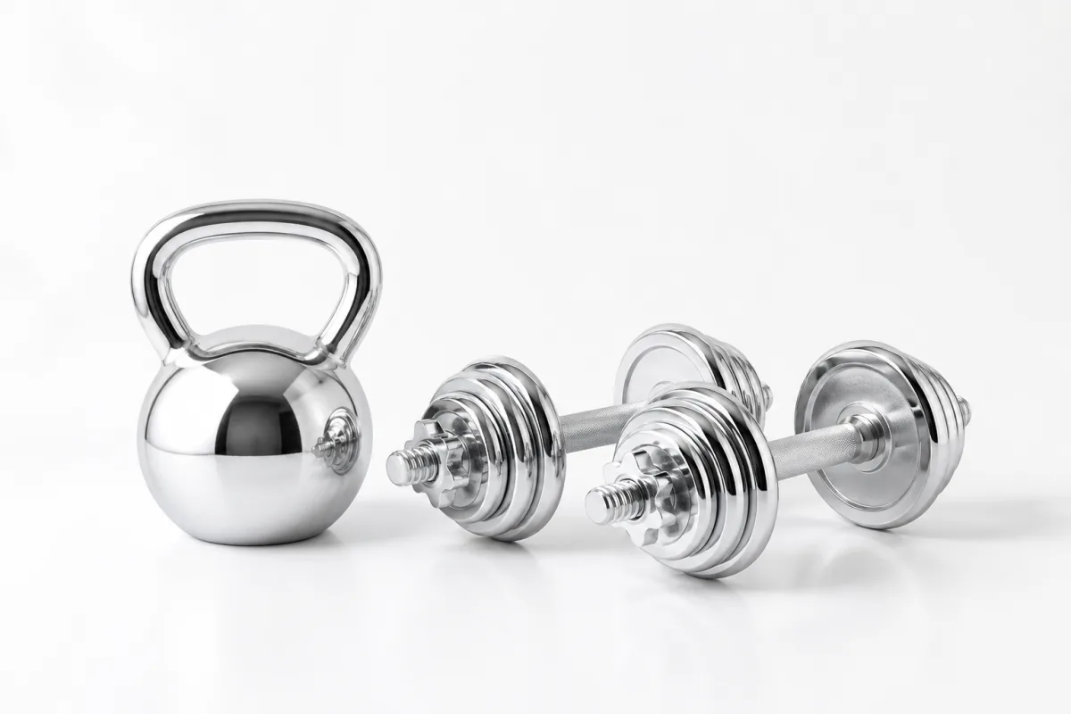 A chrome kettlebell and a pair of adjustable dumbbells on a bright white background