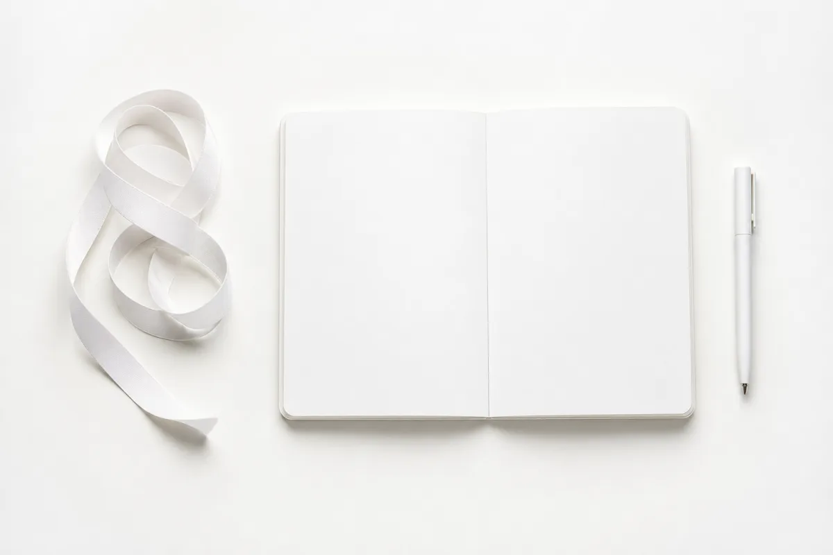 A cloth measuring tape, an open blank notebook, and a pen on a bright white surface