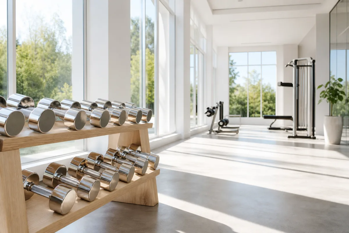 A bright naturally lit gym interior with a wooden rack of chrome dumbbells beside tall windows