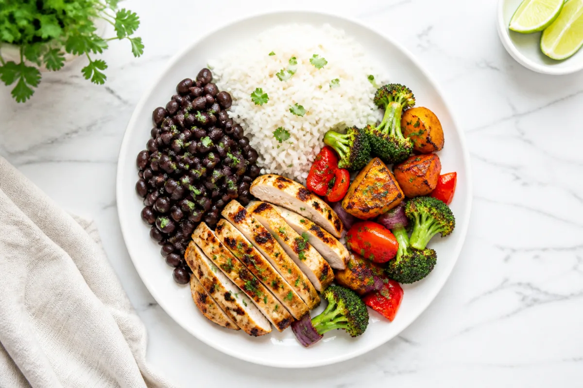 A bright kitchen counter with grilled chicken, black beans, rice and vegetables portioned on a white plate