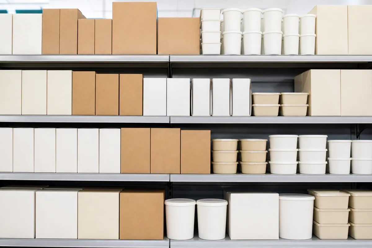 A bright grocery aisle shelf lined with packaged food products, shot straight on