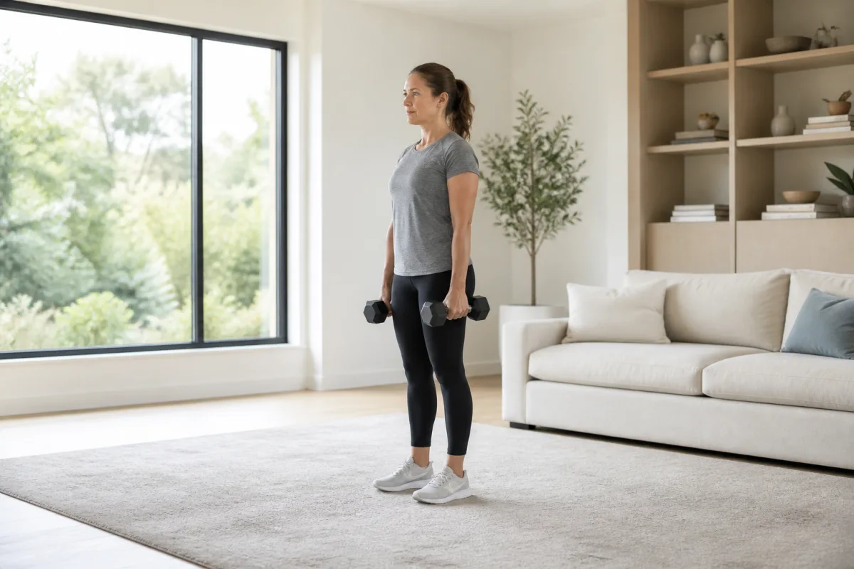 A woman in her forties gripping a dumbbell and performing a goblet squat in a bright home space