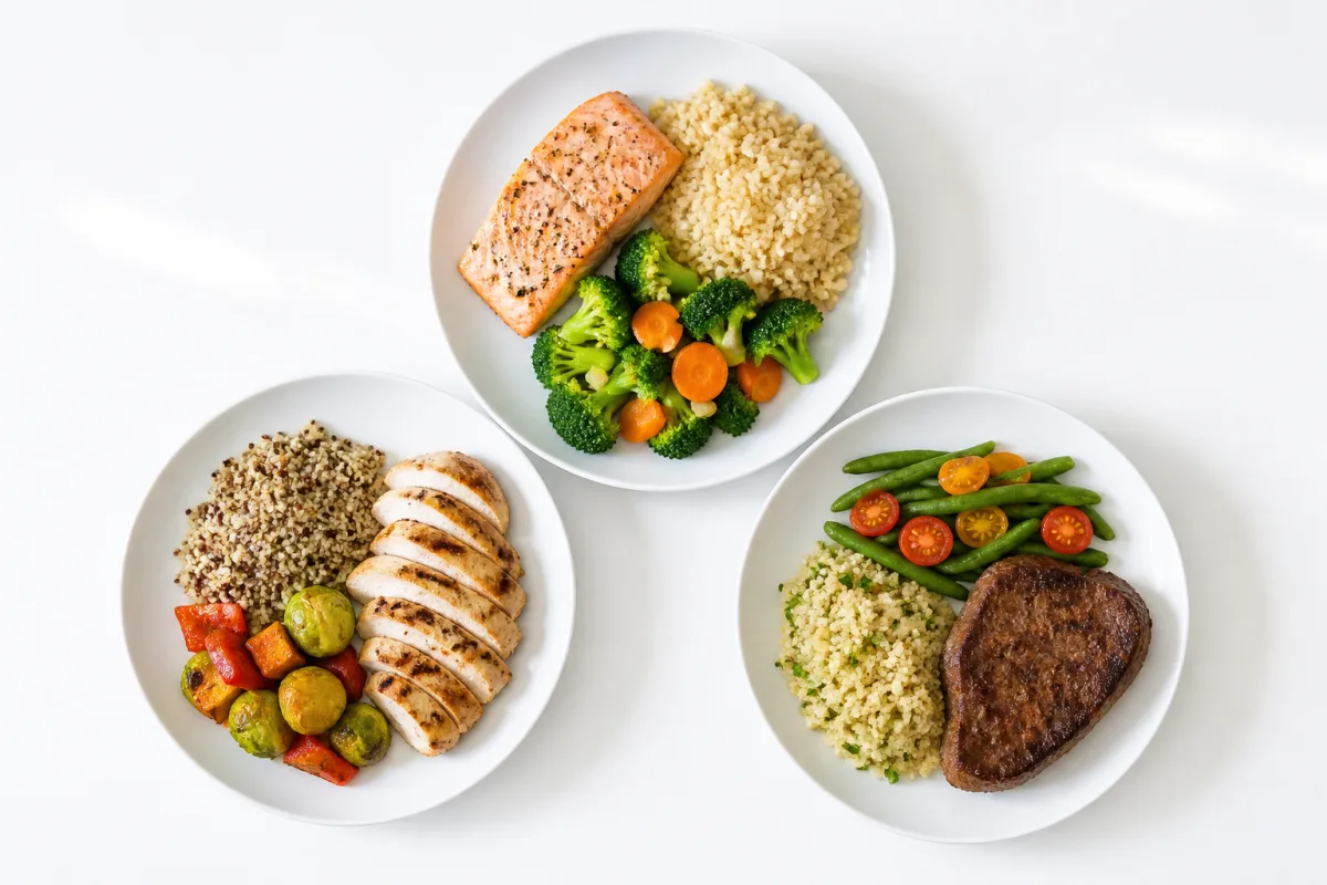 Three bright plates on a white surface each holding a palm sized protein portion with vegetables and grains