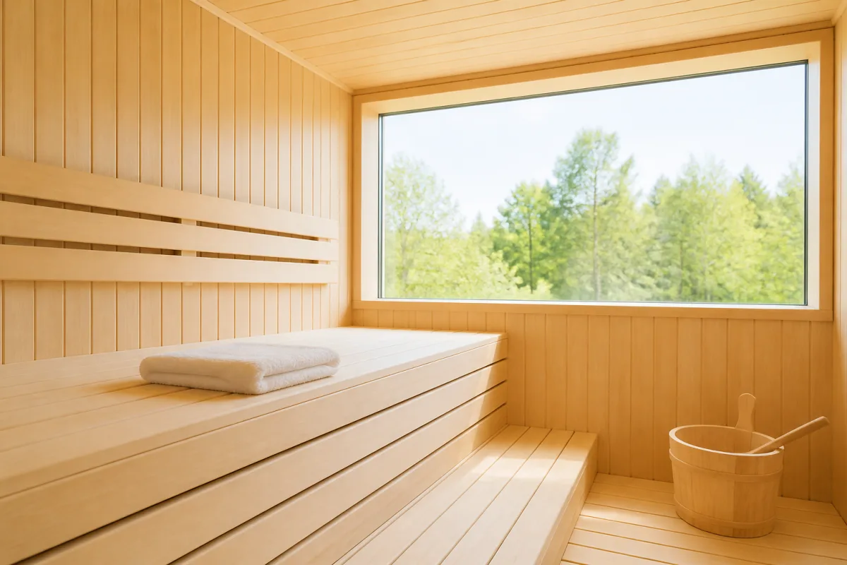 Interior of a bright wooden sauna with light streaming through a window onto a folded towel on the bench