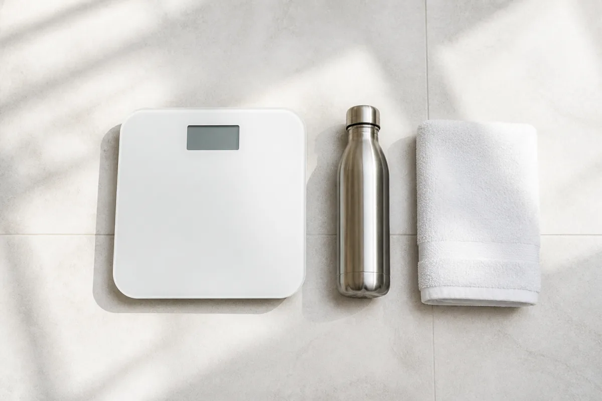 A bathroom scale on a bright tiled floor beside a water bottle and a folded towel