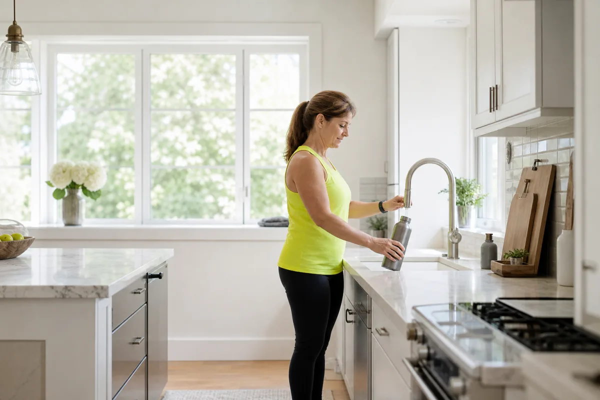 A woman in her forties in bright gym clothing filling a water bottle at a light kitchen sink after training