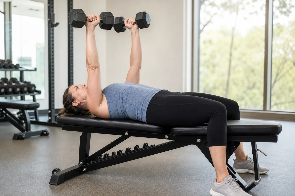 A bright gym with dumbbells racked and a woman in her forties mid-set on a bench press