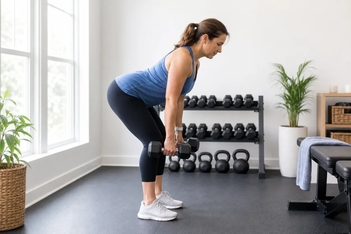 A woman in her forties performing a dumbbell romanian deadlift in a bright home gym