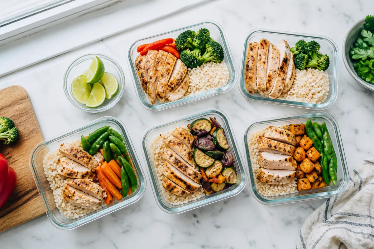 A bright kitchen counter with portioned meals in glass containers prepared for the week