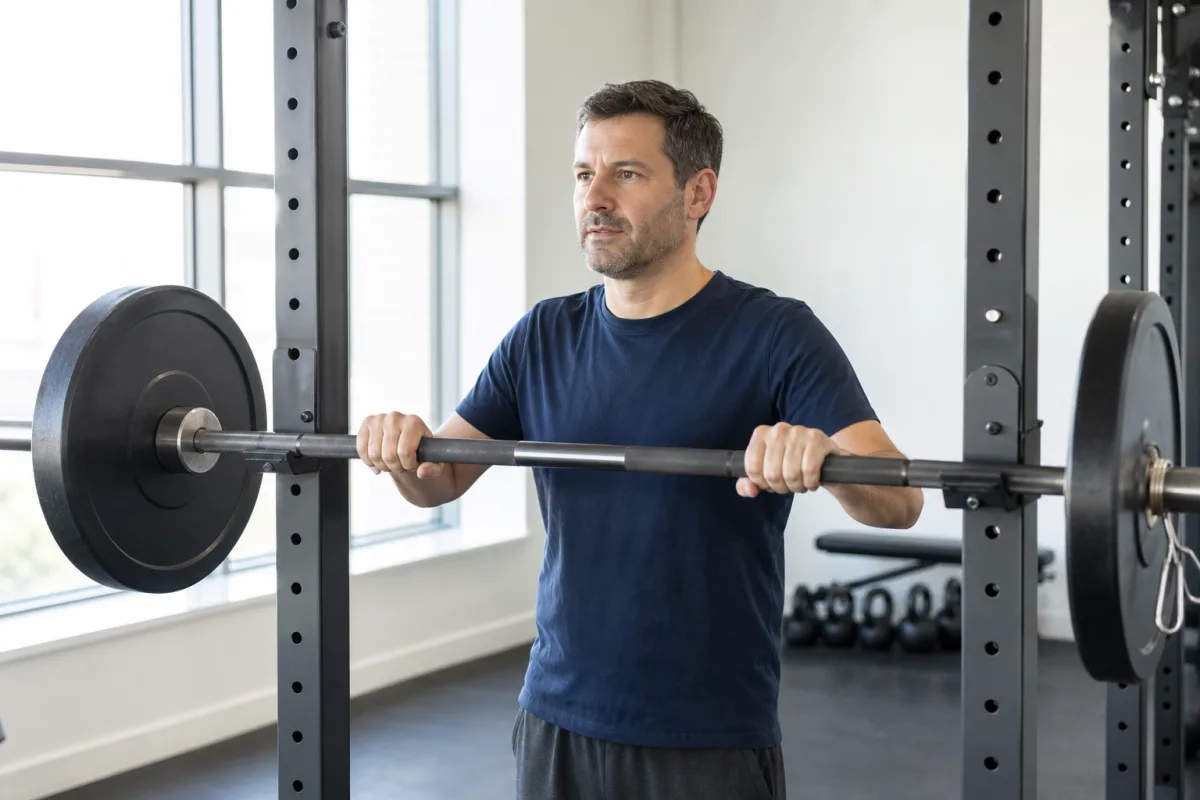 A man in his forties gripping a loaded barbell on a rack in a bright gym, hands wrapped fully around the bar