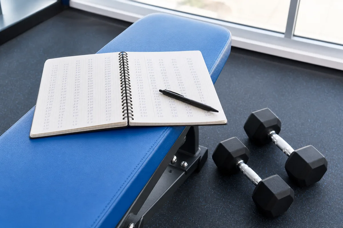 A training logbook open on a bright gym bench beside a pen and a pair of dumbbells