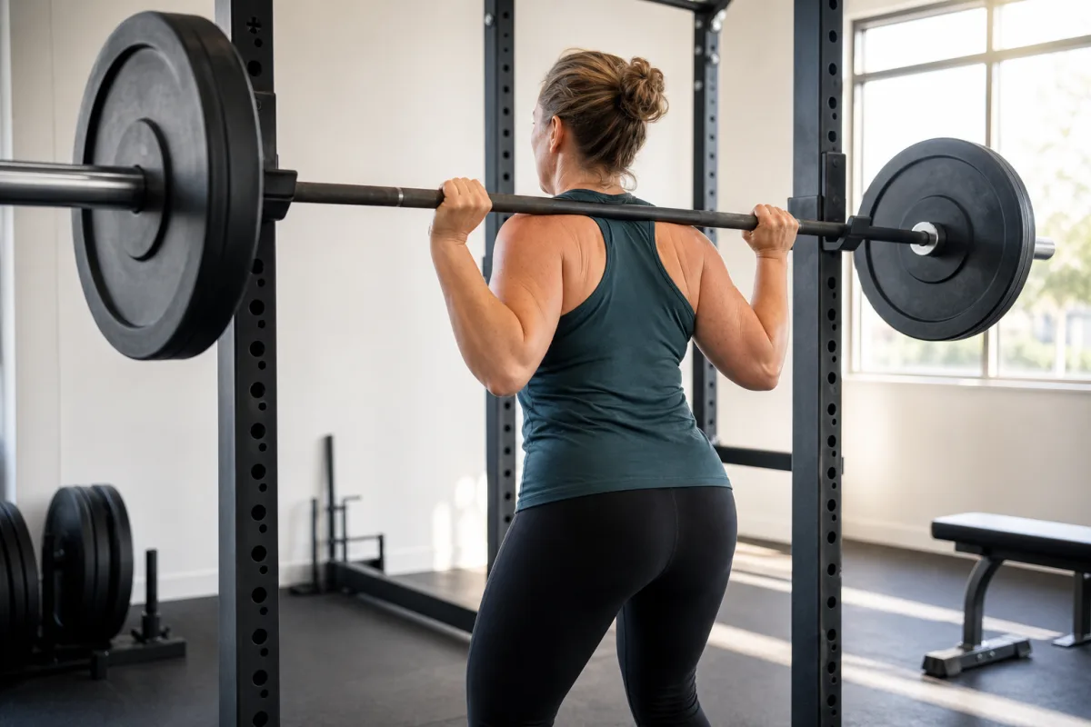 A woman in her forties setting up under a barbell in a bright gym rack with both hands wrapped around the bar