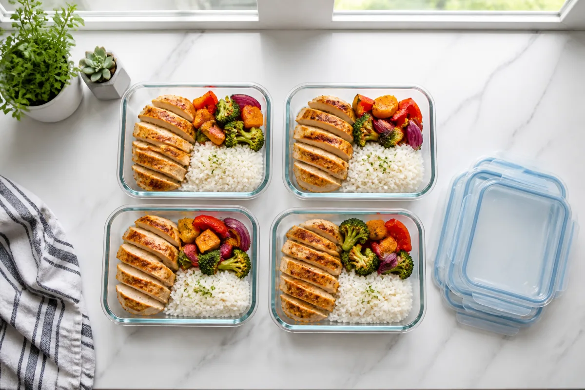 A bright kitchen counter with grilled chicken, rice, and vegetables portioned into meal containers