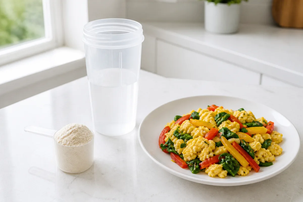 A single scoop of protein powder resting beside a shaker bottle and a plate of eggs and vegetables on a bright kitchen counter