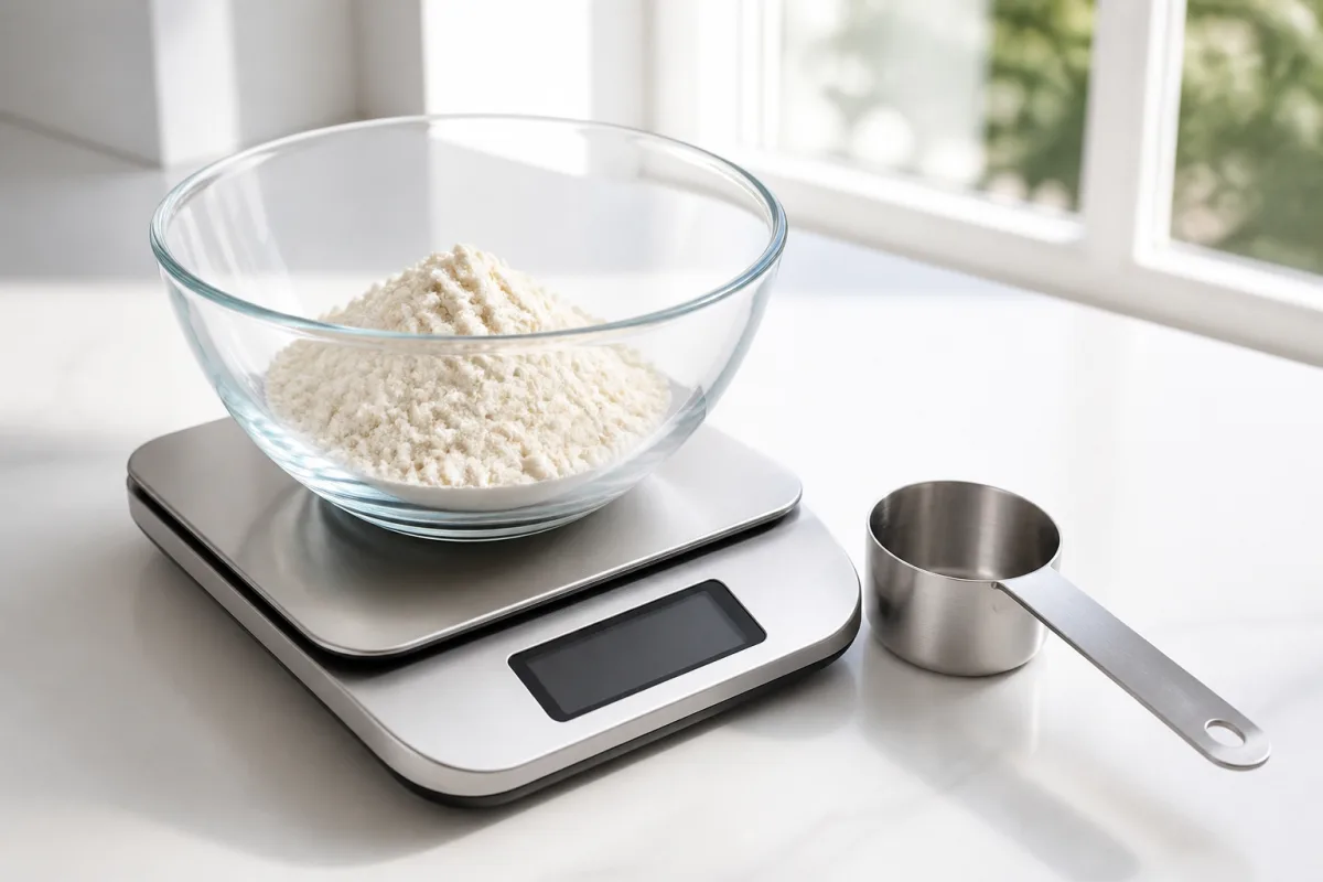 A digital kitchen scale on a bright counter with a small mound of protein powder in a glass bowl beside a measuring scoop