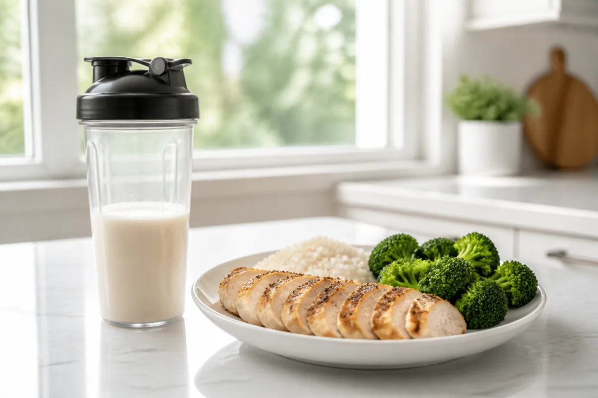 A bright kitchen counter with a shaker bottle beside a plate of grilled chicken, rice, and broccoli showing food and supplement together