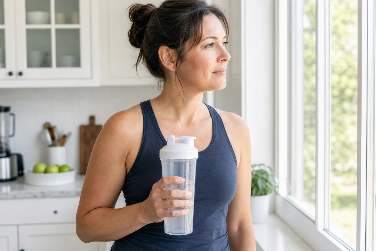 A woman in her forties in a bright kitchen holding a shaker bottle in a full grip while looking out the window