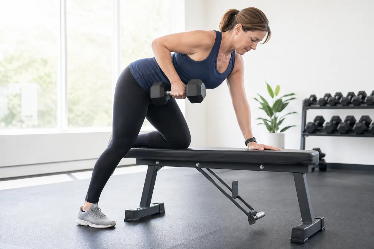 A woman in her forties performing a dumbbell row in a bright naturally lit gym