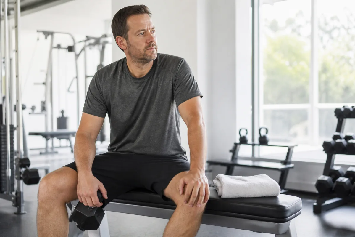 A man in his forties resting between sets on a bench in a bright gym, checking a training log
