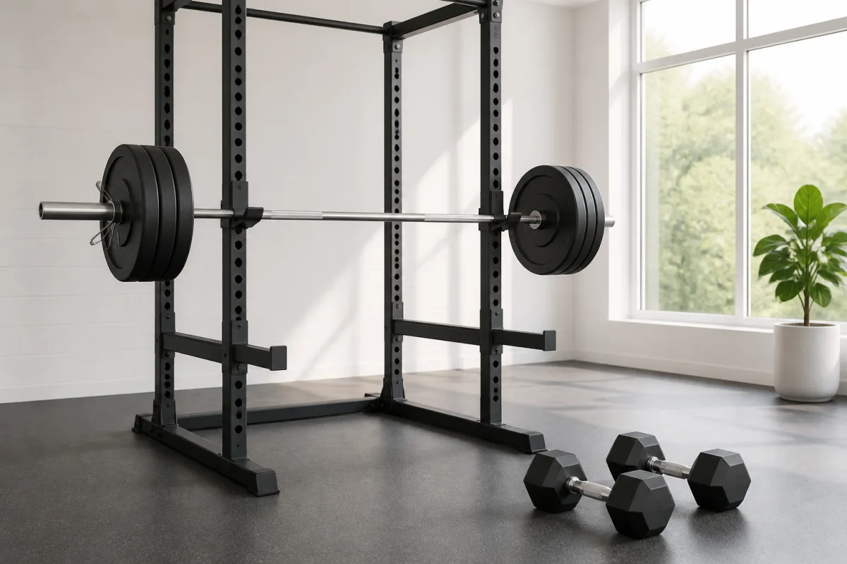 A bright gym rack with a loaded barbell and dumbbells arranged for a full body training session