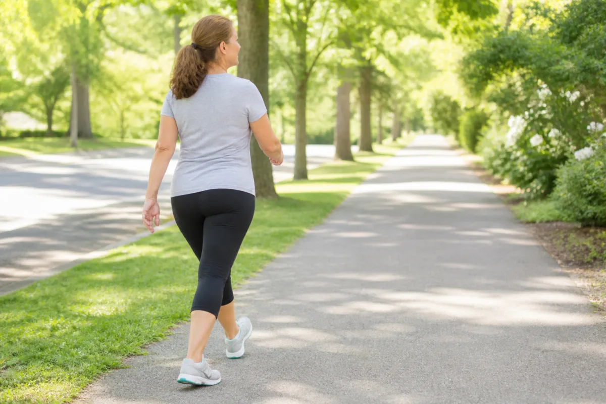 A woman in her forties walking briskly outdoors on a bright sunny path