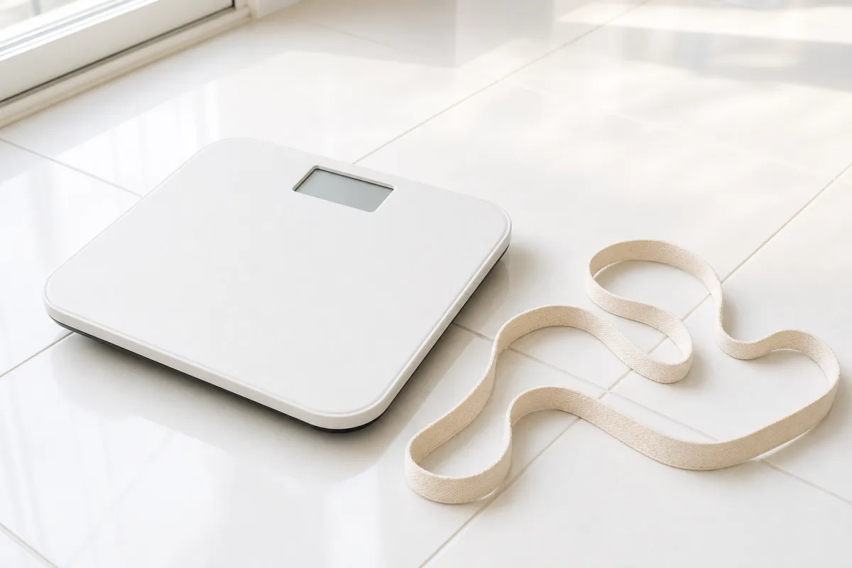 A bathroom scale and a fabric tape measure on a bright tiled floor near a sunlit window