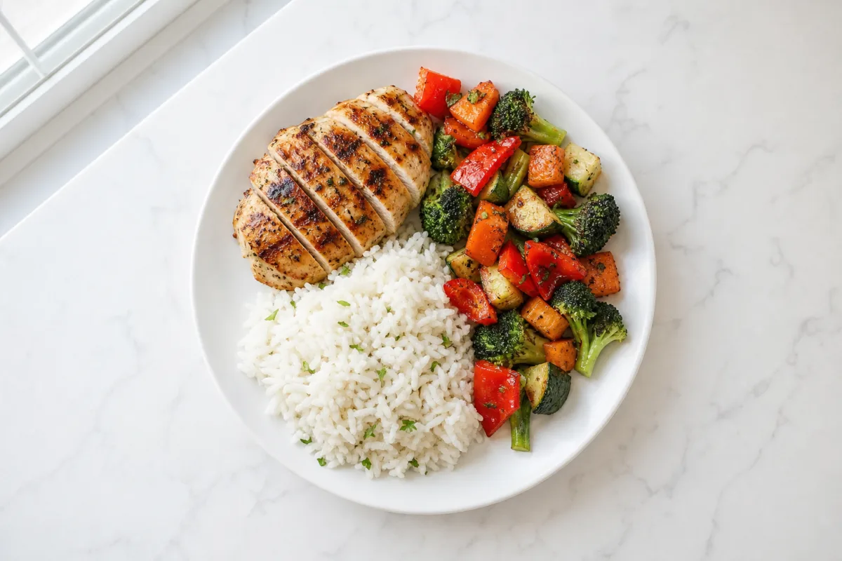 A white plate with grilled chicken, rice, and roasted vegetables on a bright kitchen counter in natural daylight