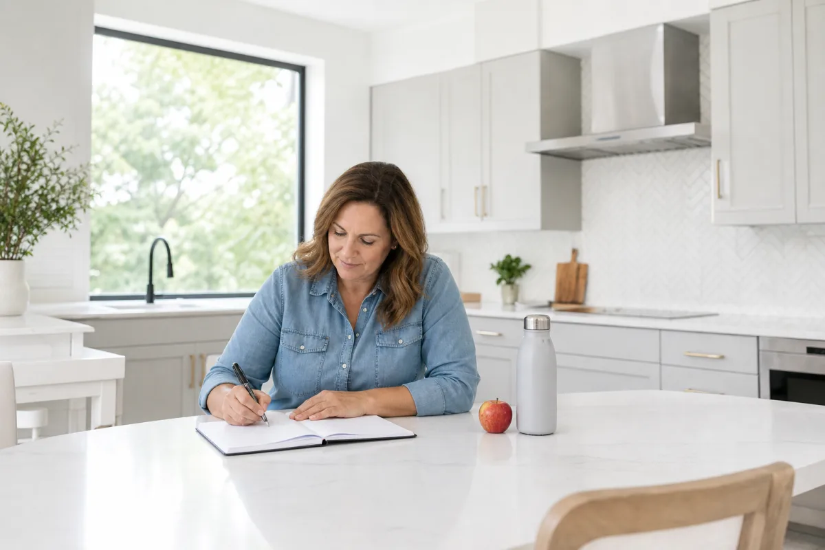 A woman writing in a notebook at a bright kitchen table with a water bottle and an apple nearby, photographed from across the table