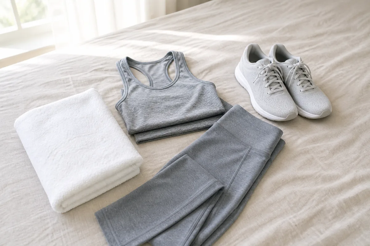 Folded workout clothes, a towel, and white running shoes laid out on a pale linen bedspread