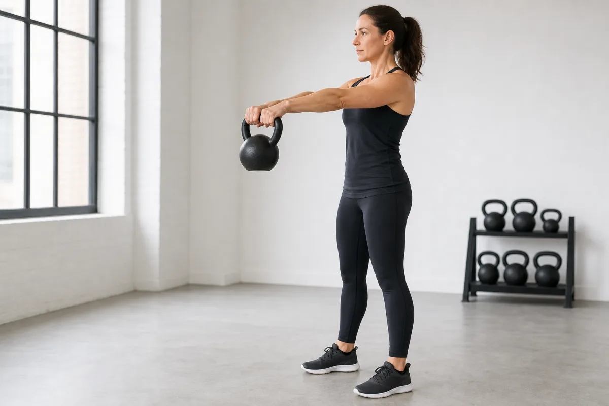 A woman at the top of a kettlebell swing in a bright gym, arms extended and kettlebell at chest height, photographed from the side