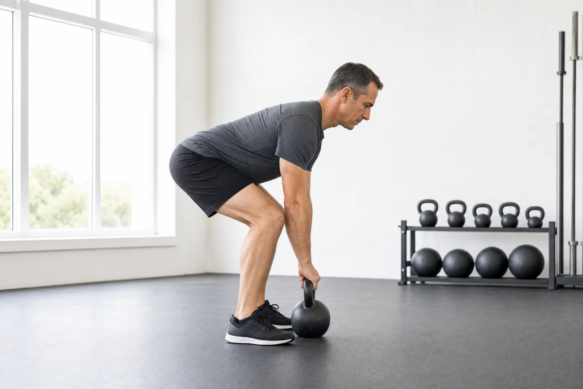 A man in the hip hinge setup position gripping a kettlebell on the floor with a flat back in a bright gym, side view