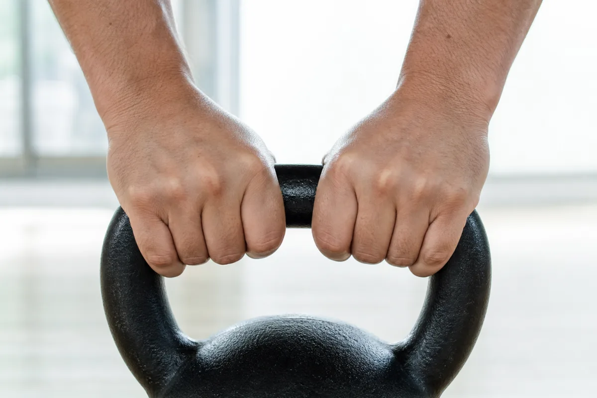 Close view of two hands in a full overhand grip on a kettlebell handle against a bright gym floor