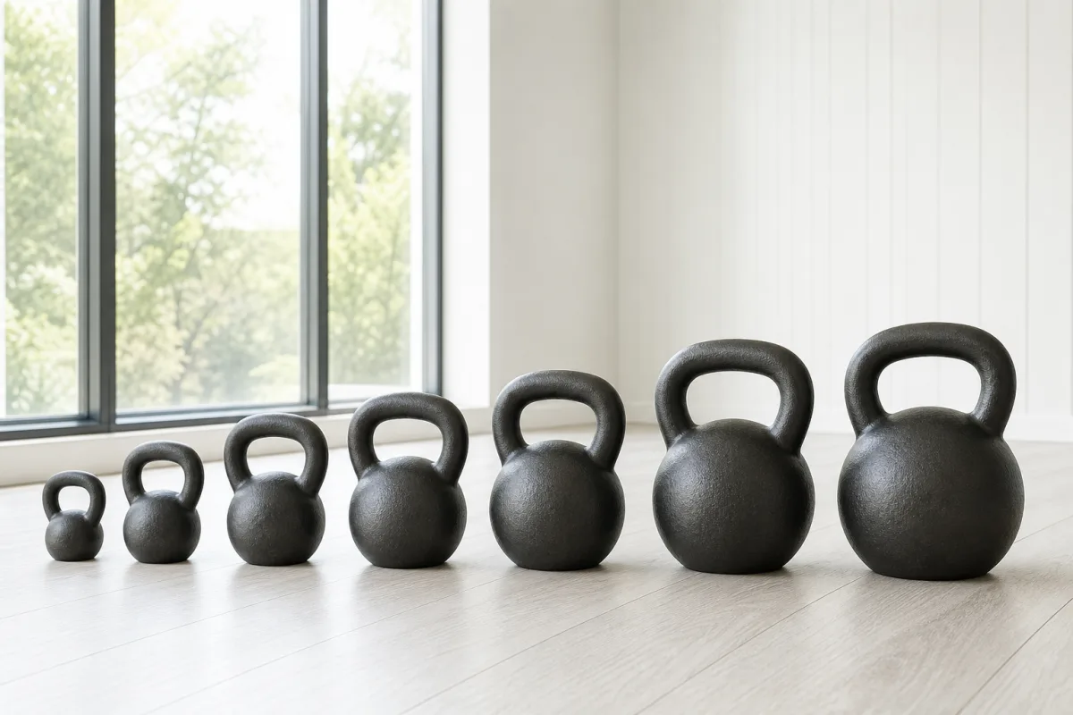 A row of cast iron kettlebells arranged by size on a light gym floor near a large bright window