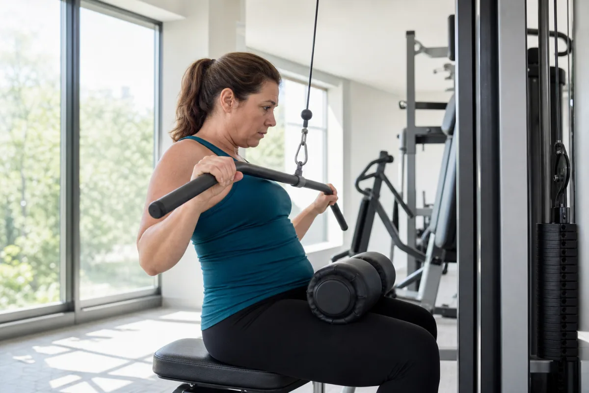 A woman in her forties performing a lat pulldown in a bright gym with her chin leading forward ahead of her chest