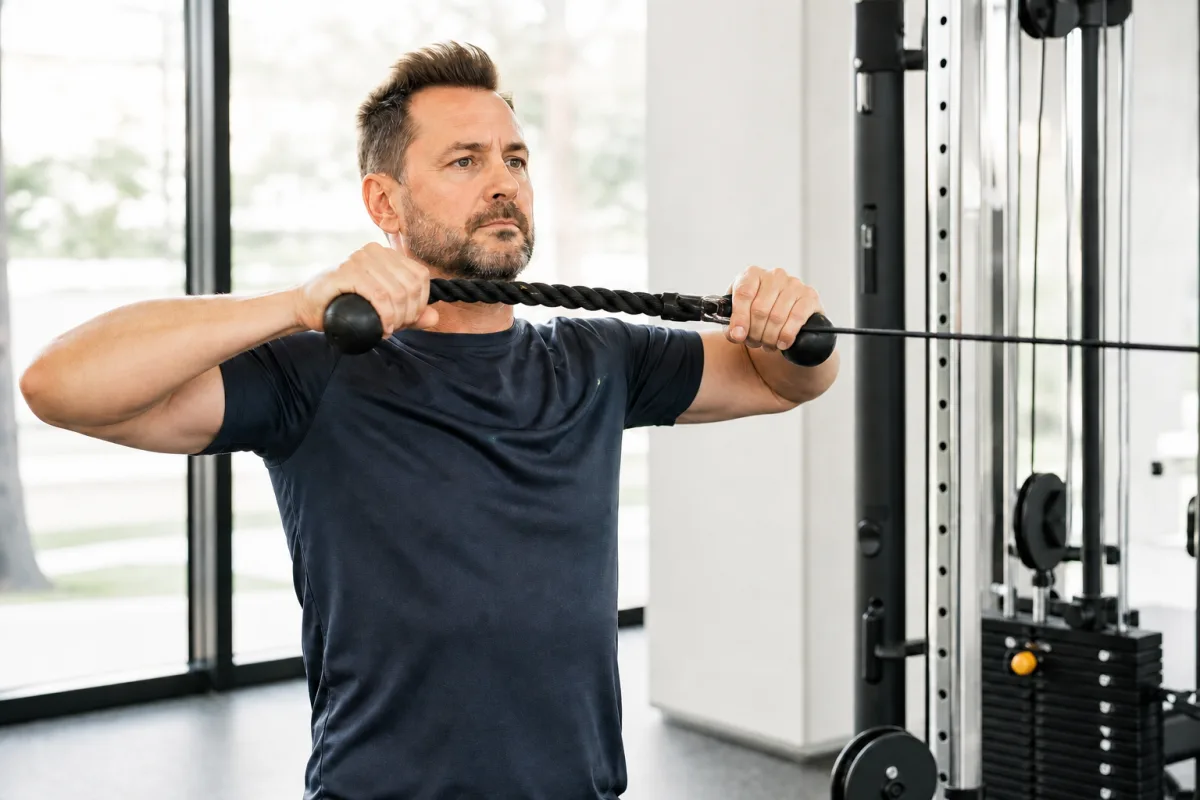 A man in his forties performing a cable face pull with a full grip on the rope handles in a bright gym
