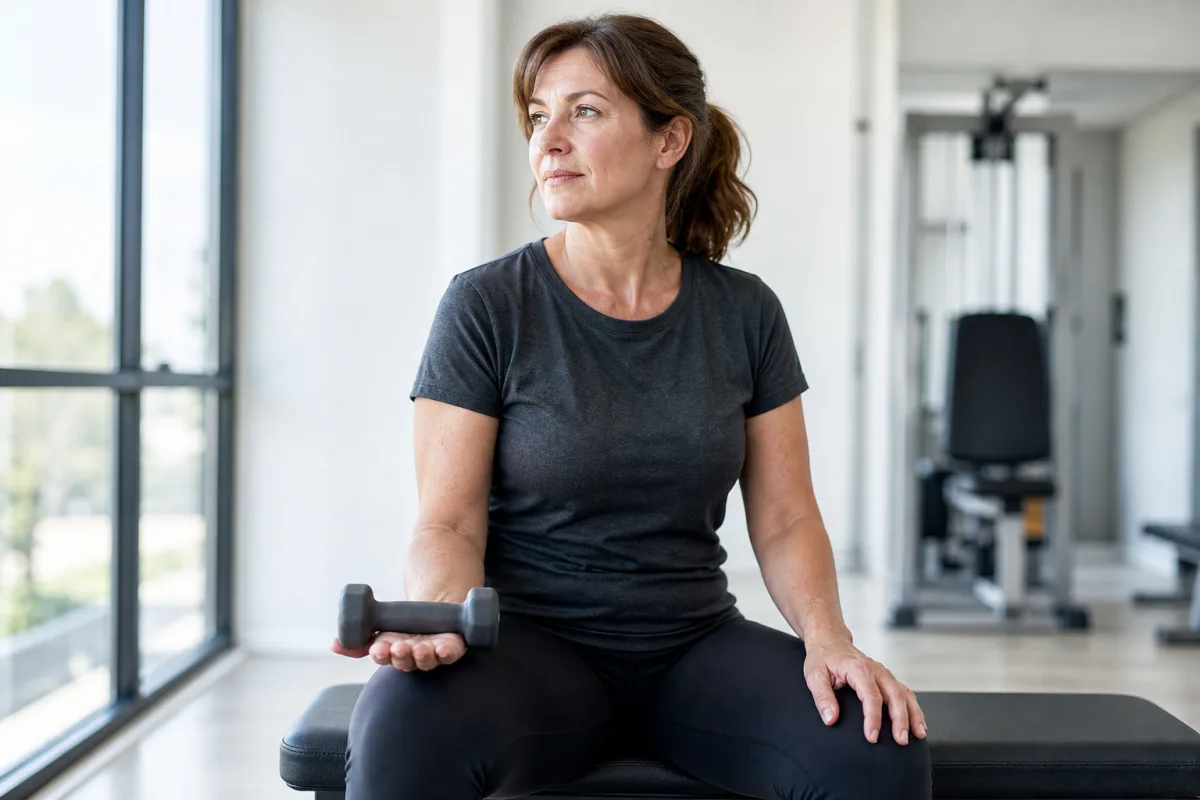 A woman in her forties seated on a bright gym bench with a light dumbbell resting flat in her open hand, thinking