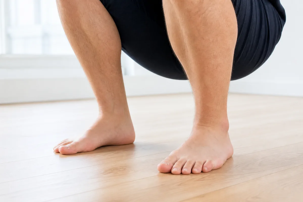 Close up of bare feet and lower legs in a deep bodyweight squat on a light wood floor with heels flat