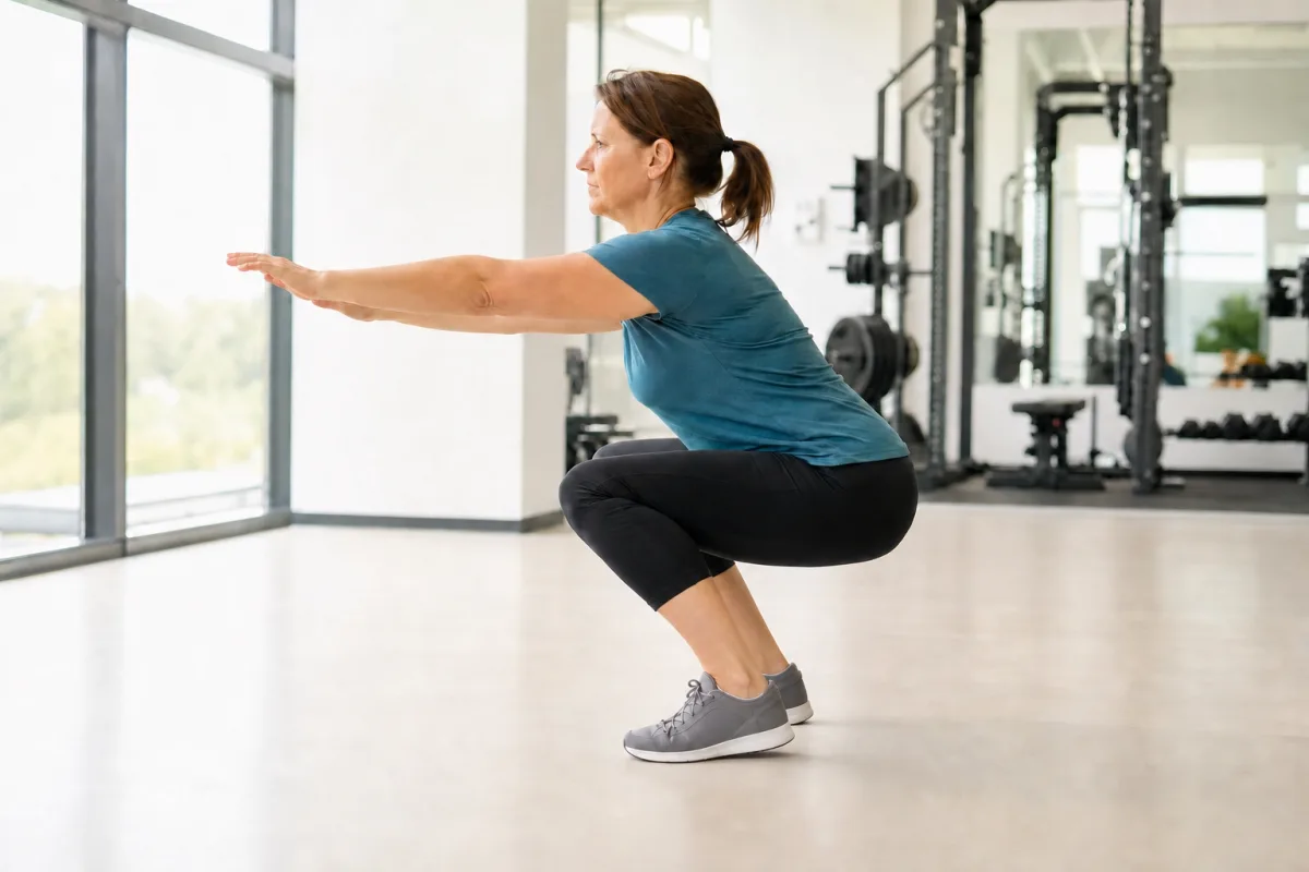 A woman performing a deep bodyweight squat in a bright gym, photographed from the side with arms extended forward