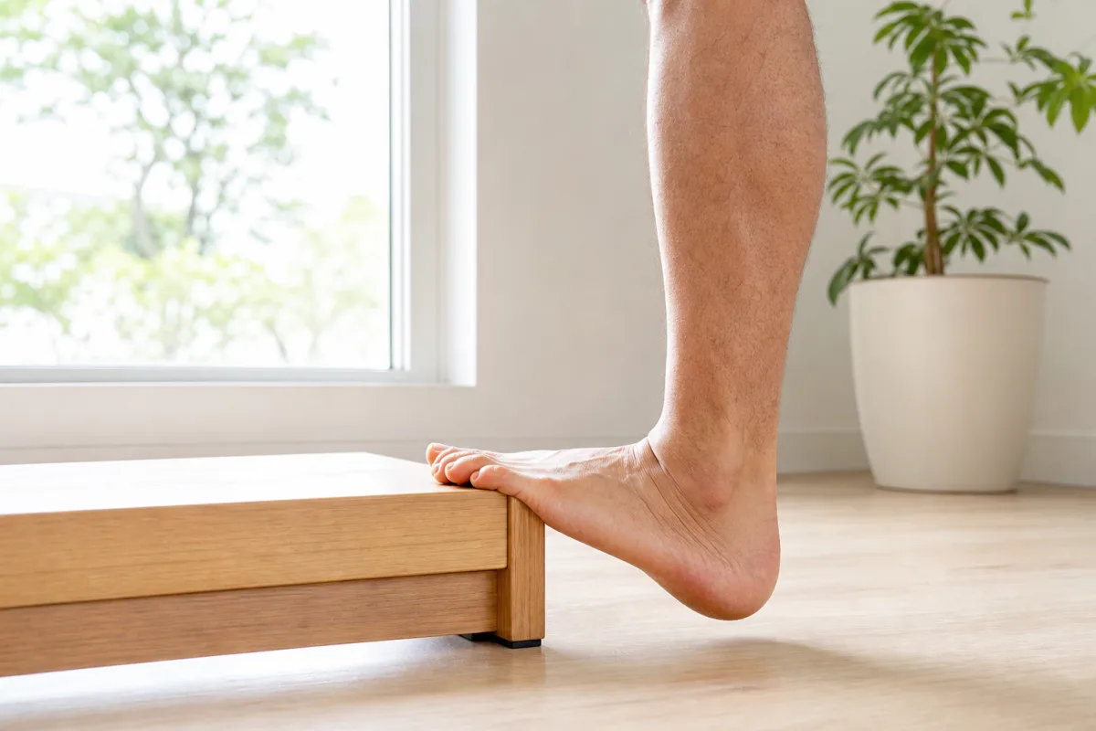 Close up of a foot and calf performing a calf stretch with the ball of the foot on a low wooden step and the heel dropped below it