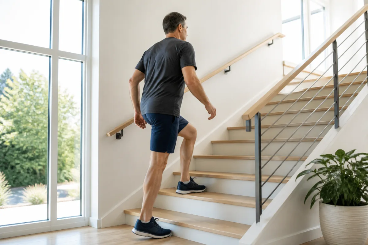 A bright stairwell with natural light, a man in his forties climbing the steps