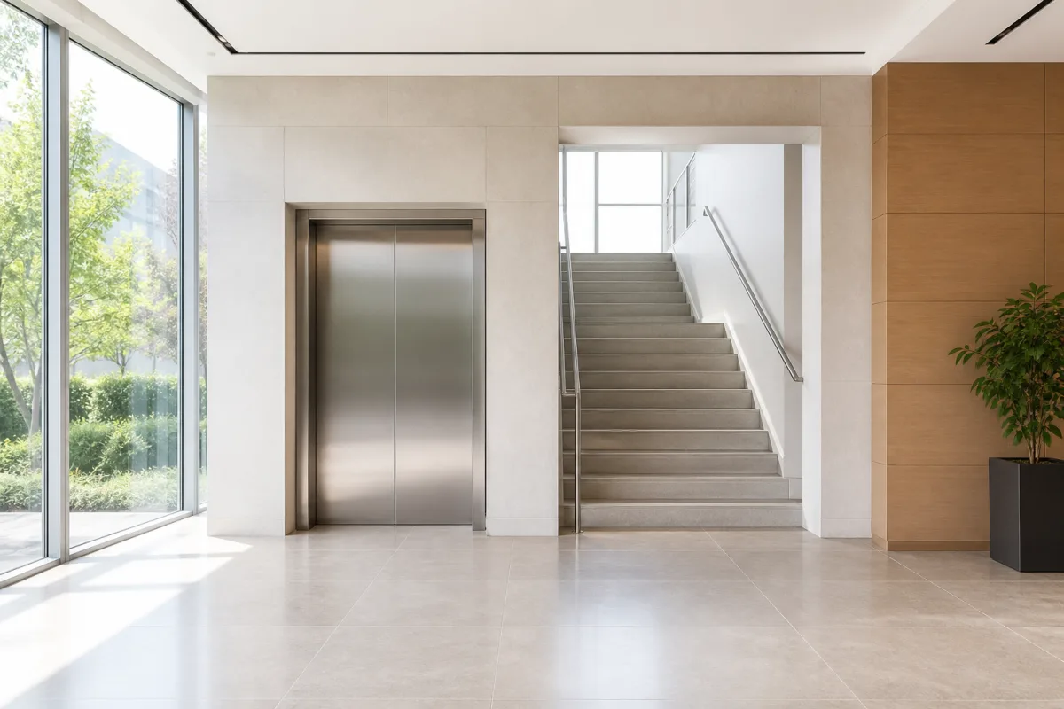 A bright modern building lobby with an elevator and a stairwell entrance side by side
